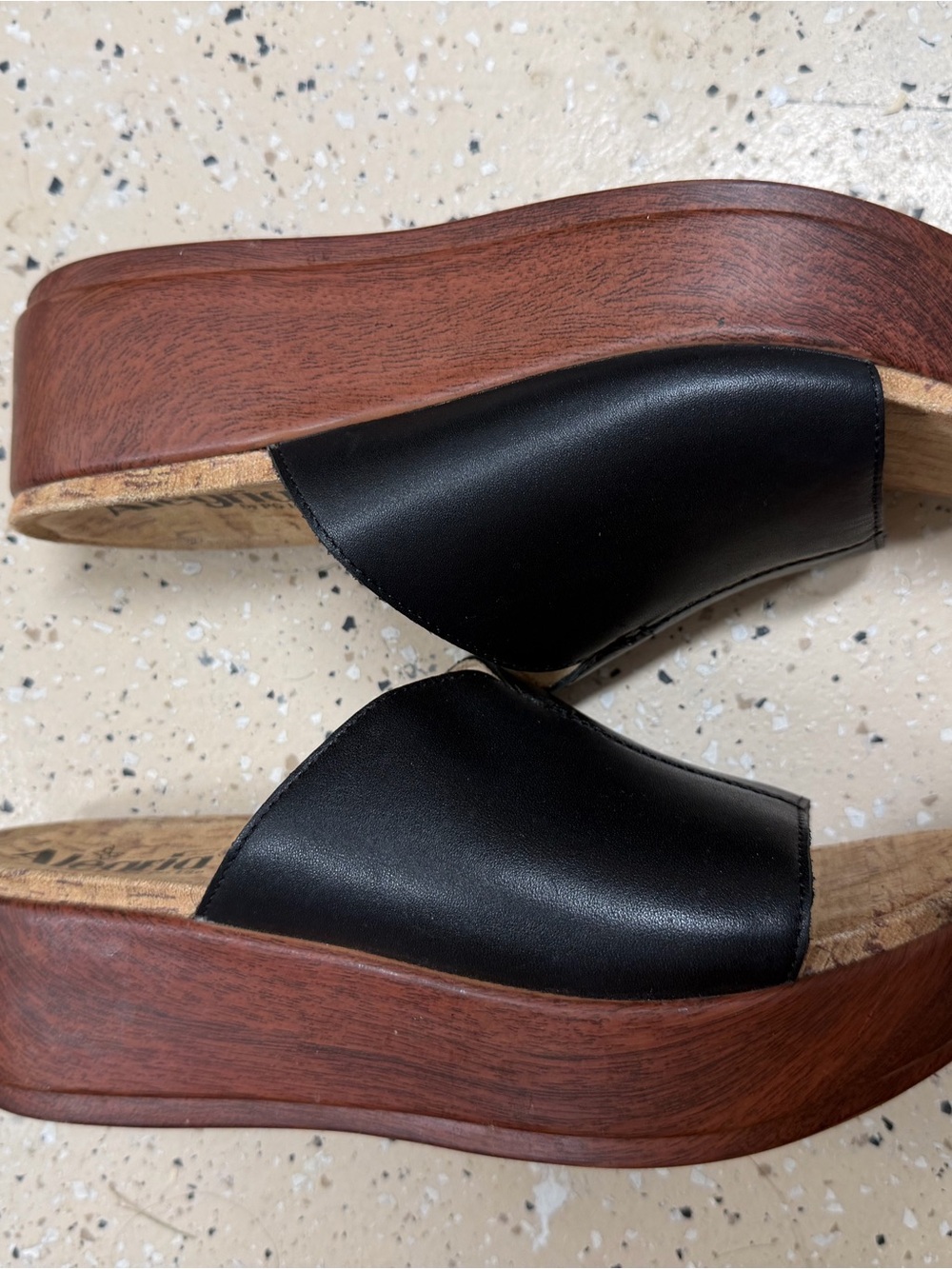 Alegria size 38 Black Leather Wedge Slide Sandals with Faux Wood Look